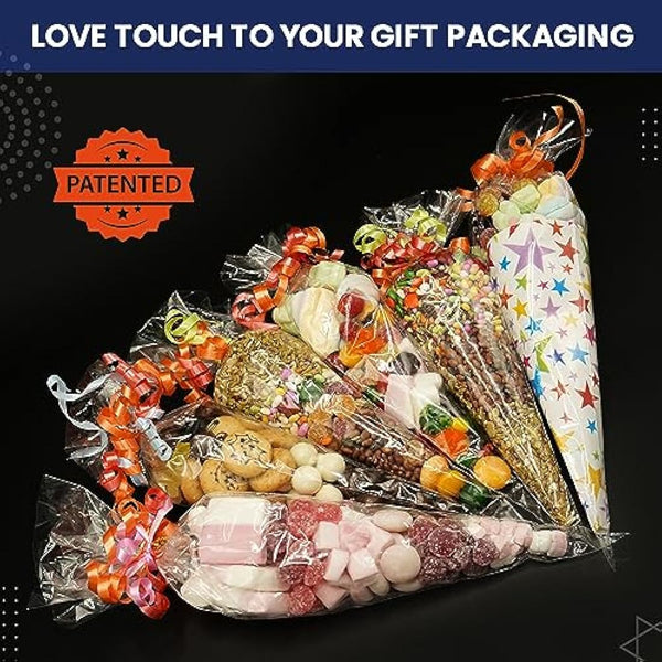 14x26cm Sweet Cone Bags with Twist Ties and Ribbons, 100Pcs Cellophane Crystal Clear Sweet bags, Triangle Sweet Party Cones Bags Perfect for Halloween, Christmas, Candies and many more