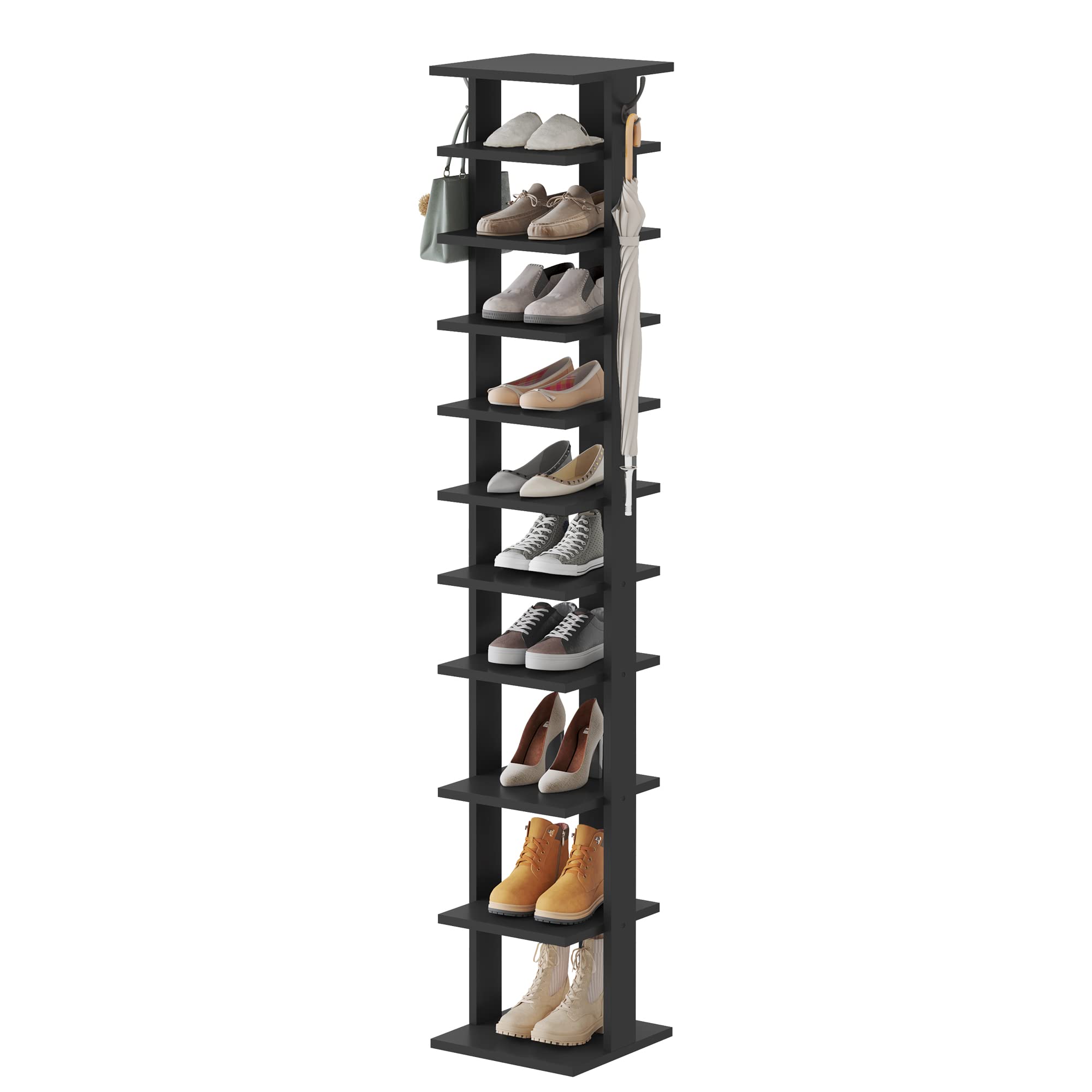 HOME BI 10-Tier Vertical Shoe Rack, Corner Shoe Tower, Slim Shoe Organizer with Two Hanging Hooks, Wooden Shoe Storage Stand for Entryway, Hallway,