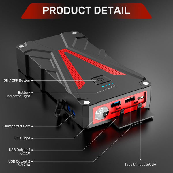 6000A Jump Starter Power Pack,12V Car Jump Starter, Portable Car Battery Booster Jump Starter with Jump Leads,Quick Charge,LED Flashlight