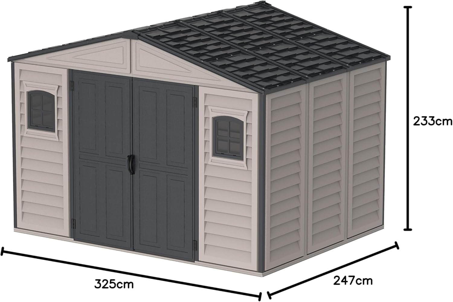 Duramax WoodSide 10 x 8 (8.02 m2) Plastic Garden Shed with 3 Fixed Windows & Metal Foundation Kit, Strong Metal Roof Structure Fire Retardant and Maintenance-Free Storage Shed - Ivory/Brown