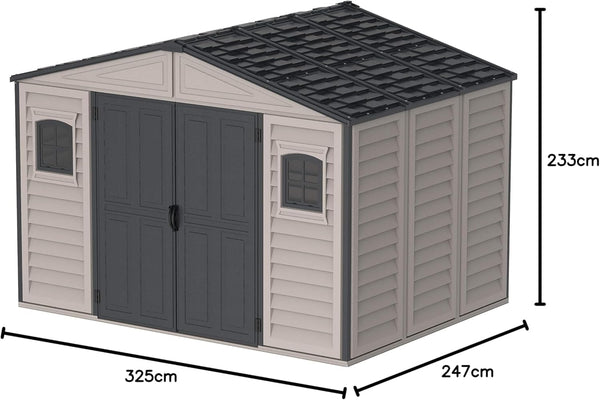 Duramax WoodSide 10 x 8 (8.02 m2) Plastic Garden Shed with 3 Fixed Windows & Metal Foundation Kit, Strong Metal Roof Structure Fire Retardant and Maintenance-Free Storage Shed - Ivory/Brown
