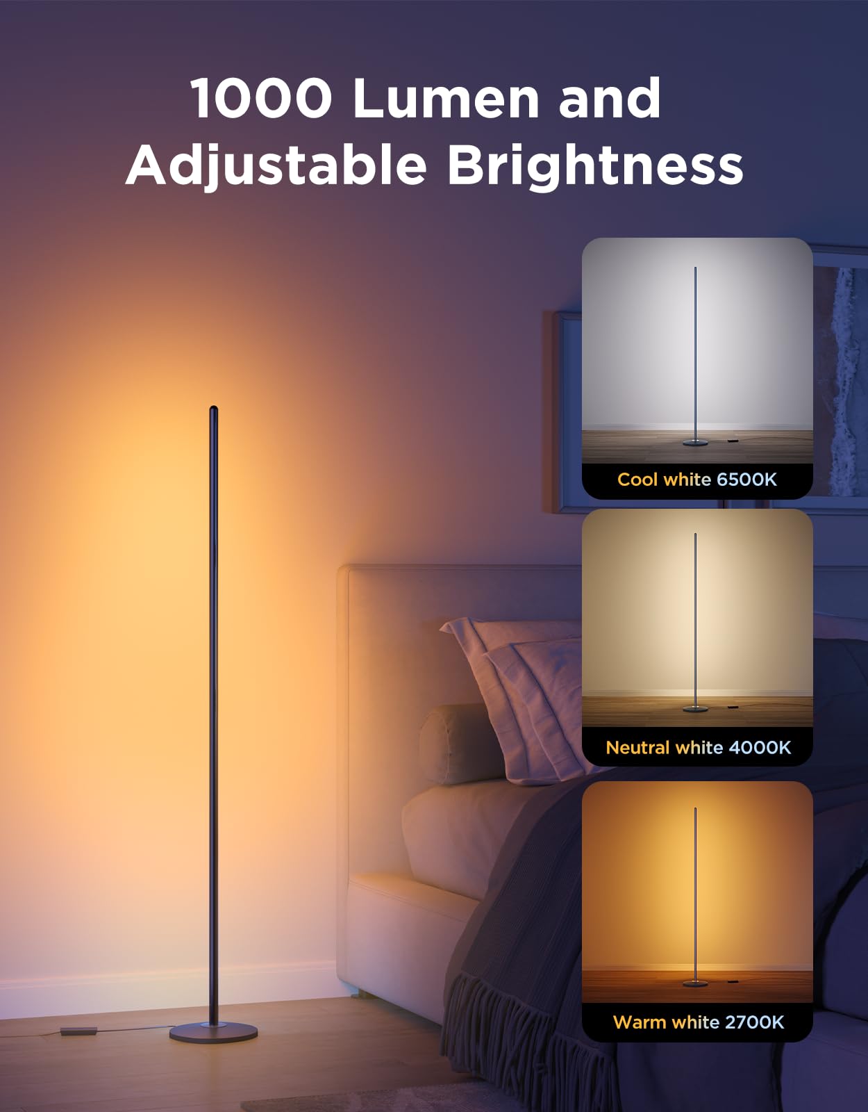 Govee LED Floor Lamp, RGBIC Modern Corner Lamp, Smart Standing Lamp with 61 Scene Modes,Music Sync, Black Corner Floor Lamp for Living Room, Bedroom