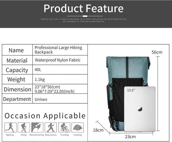 POWER KING 40L Expandable TO 50L Hiking Backpack,Upgraded X-PAC Scratch-proof Lightweight Large Rucksack for Mens Women, Outdoor Roll Top Camping Packsack, Fit for 15.6'' Laptop