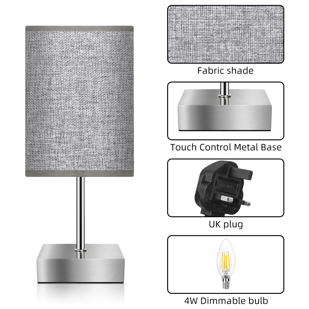 Aomeya Touch Control Table Lamp, 3-Way Dimmable Bedside Lamps Nightstand Lamps with Flaxen Fabric Shade for Bedroom Living Room,LED Bulb Included (Grey-1Pcs) (battery-1Pcs)