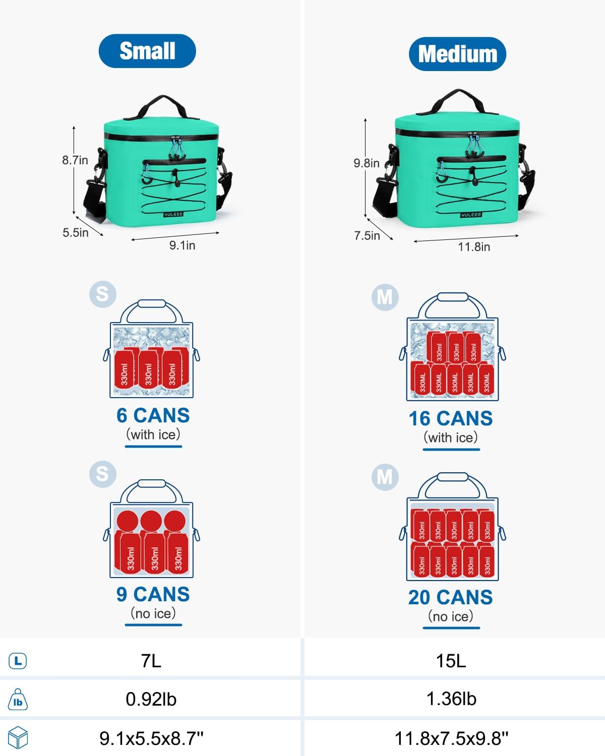 YULEEE 7/15/20L Insulated Cooler Bag - Large Multi-Functional Picnic Lunch Bag for Men & Women,Waterproof Leakproof Perfect for Beach, Family,Travel, Camping, Work,BBQ,and Outdoor Activities