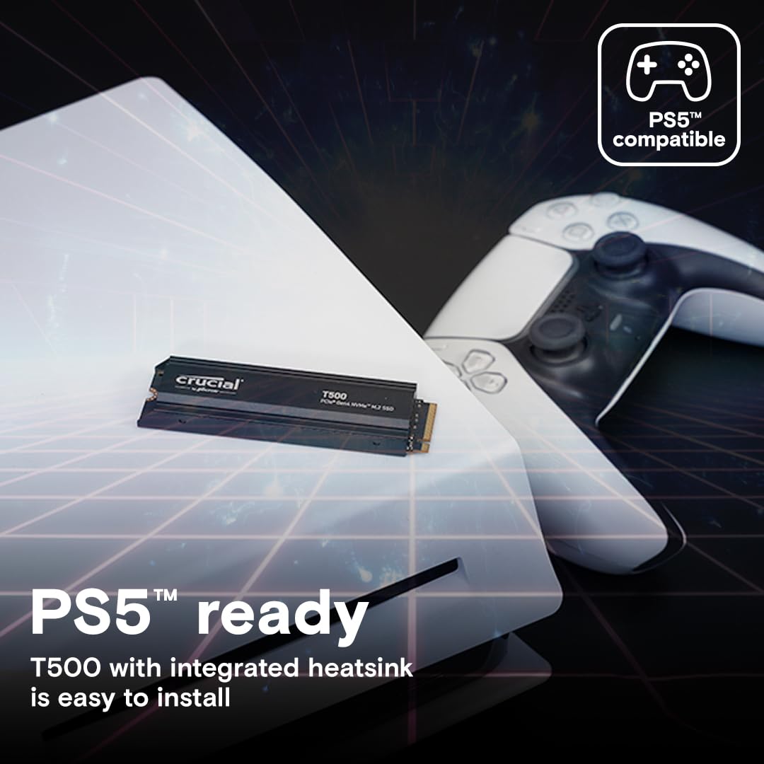 Crucial T500 2TB SSD PCIe Gen4 NVMe M.2 Internal Gaming PS5 SSD with Heatsink, Up to 7400MB/s, Compatible with PlayStation 5, TLC NAND, Desktop PC, Solid State Drive - CT2000T500SSD5