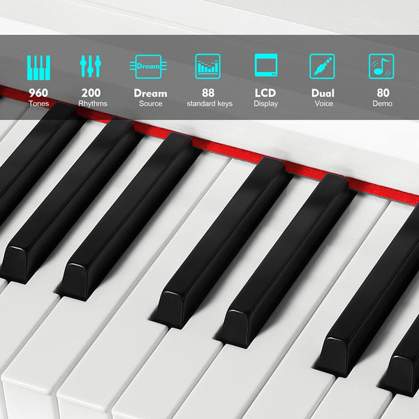 MUSTAR Digital Piano 88 Weighted Keys, Full Size 88 Key Piano Keyboard Semi Weighted, Home Electric Piano with Furniture Stand and Triple Pedal, Music Stand, USB MIDI, White