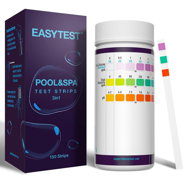 EASYTEST Hot Tub Test Strips, 150 Strips Pool and Spa Test for pH,Total Alkalinity,Free Chlorine and Bromine, Accurate 3 in 1 Pool Water Testing Kit
