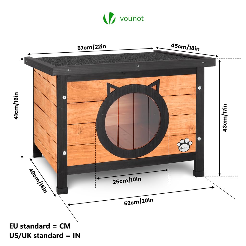 VOUNOT Cat House Outdoor with Kennel Door Privacy Window Cat Wooden Shelter 57x45x43cm, Grey