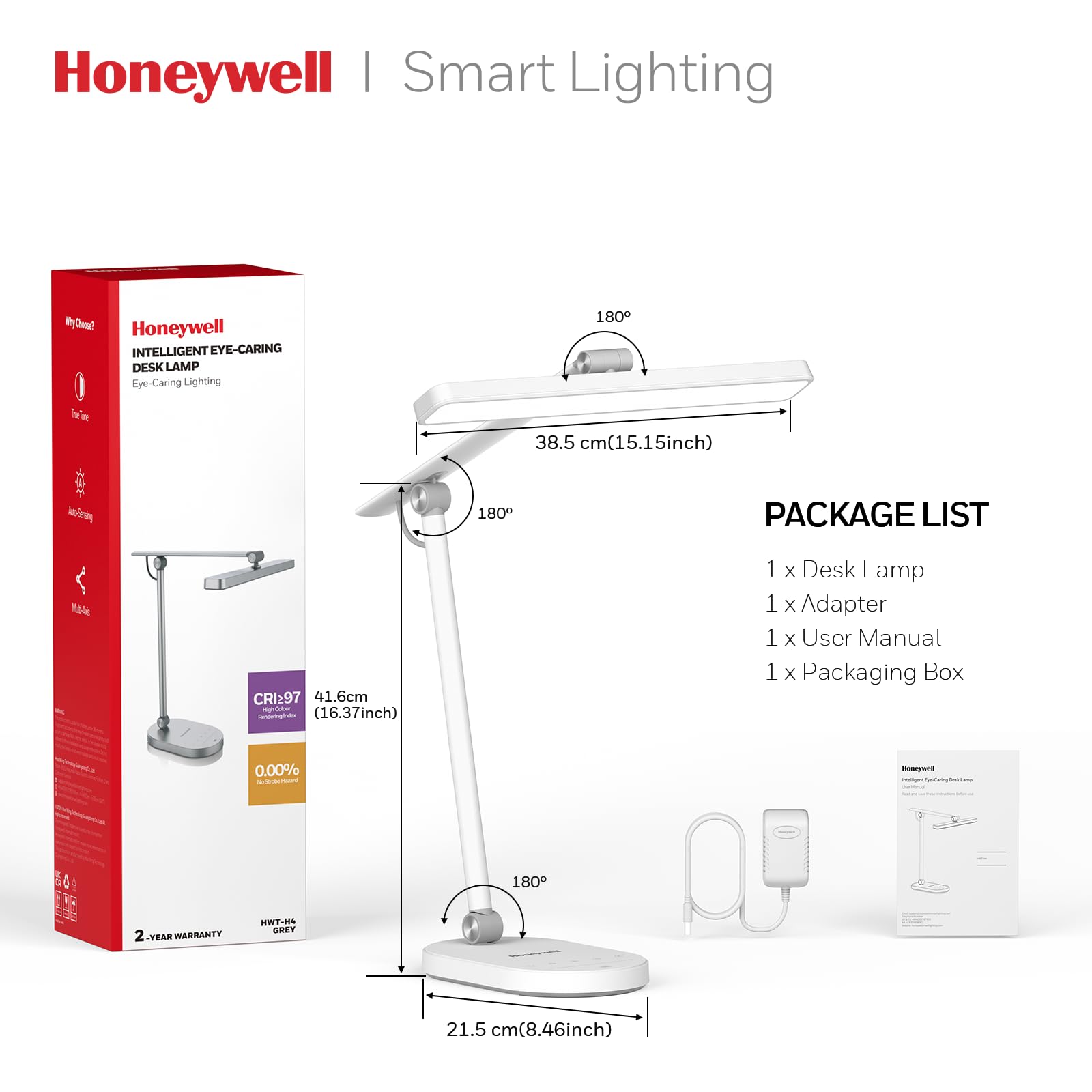 Honeywell LED Desk Lamp for Home Office - H4 Sunturalux™ Eye-Caring Desk Light, 14W Dimmable Table Lamp with 3 Color Modes, 5 Brightness Levels, Auto-Dimming, Timer, Touch Control Reading Lamp, White