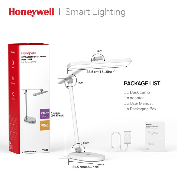 Honeywell LED Desk Lamp for Home Office - H4 Sunturalux™ Eye-Caring Desk Light, 14W Dimmable Table Lamp with 3 Color Modes, 5 Brightness Levels, Auto-Dimming, Timer, Touch Control Reading Lamp, White