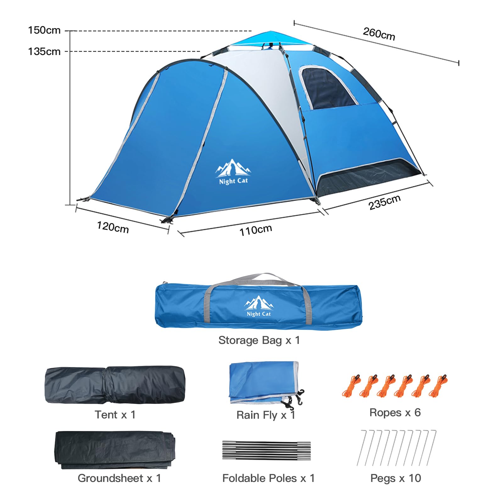 Night Cat Pop Up Tent for 3 4 Man: Waterproof Camping Tent Easy Set Up for Family Festival Camping Picnic in Garden Backyard Park