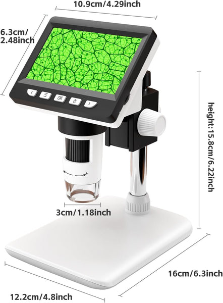 GlobalCrown Digital Microscope for Kids Adults,50-1000X Magnification Microscopes with 4.3 Inch Screen,Coin Microscope with 8 Adjustable LED Light Soldering Magnifier,Windows Mac Compatible