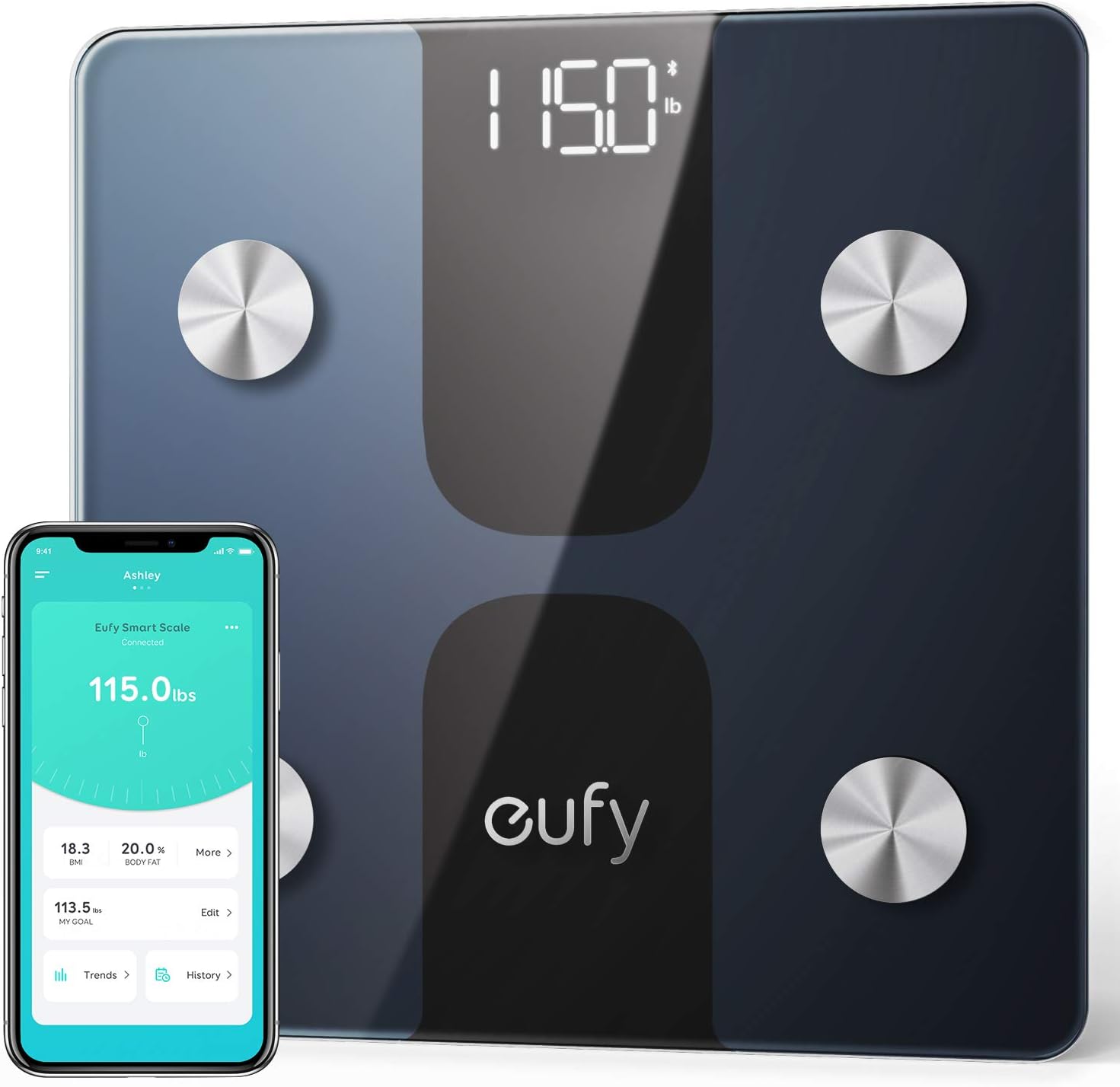 eufy Weighing Scales for Body Weight, Digital Bathroom Scales with Bluetooth, Body Fat Scales, 12 Measurements, Weight/Body Fat/BMI, Fitness Body Composition Analysis, Black, lbs/kg, Smart Scale A1