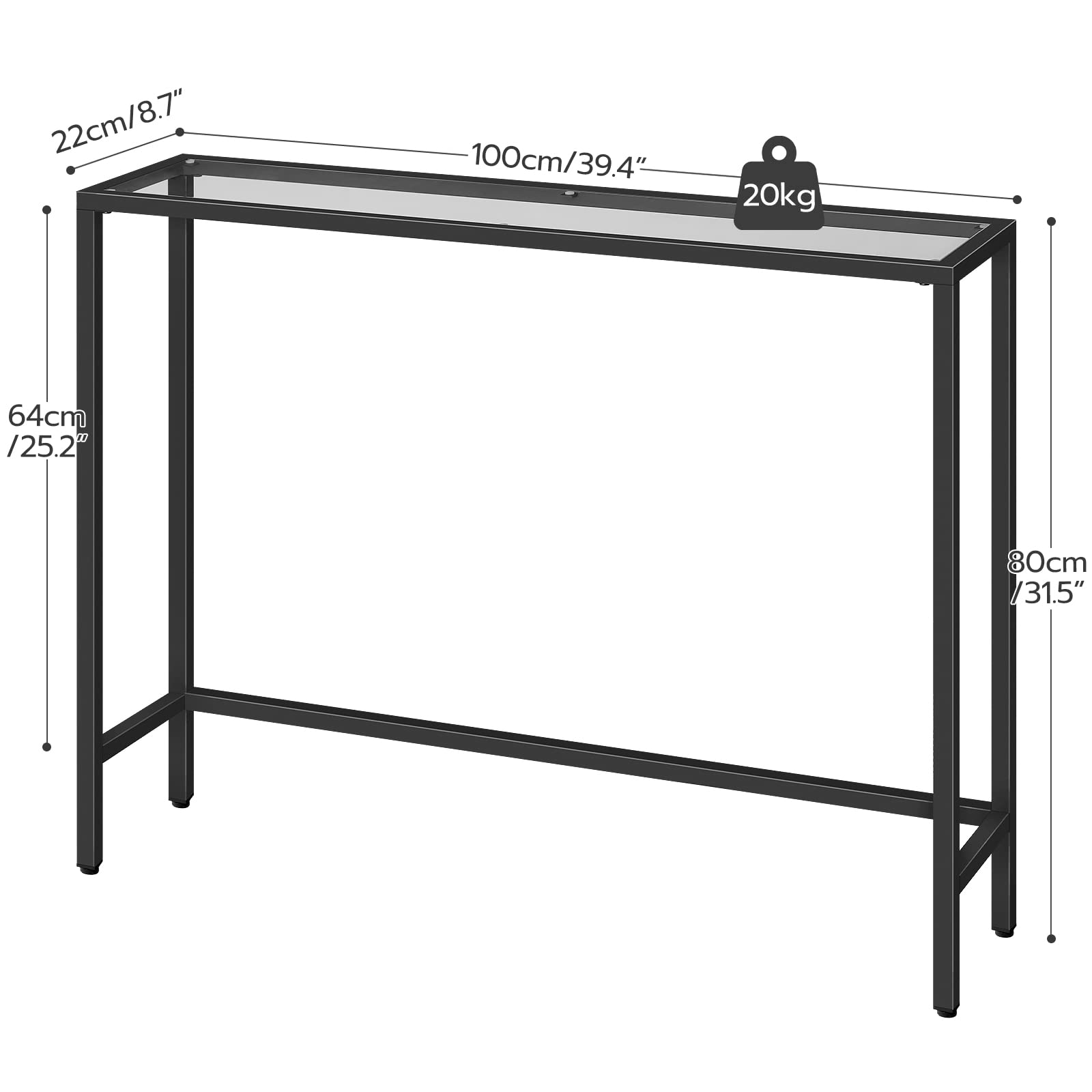 HOOBRO Black Console Table, Tempered Glass Sofa Table, Slim Hallway Table, Glass Console Table, 100 x 22 x 80 cm, Modern Display Table for Living