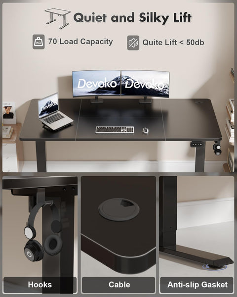 Devoko Electric Standing Desk 120x60cm Sit Stand Table Height Adjustable with Backpack Hook and Memory Smart Pannel, Home Office, White