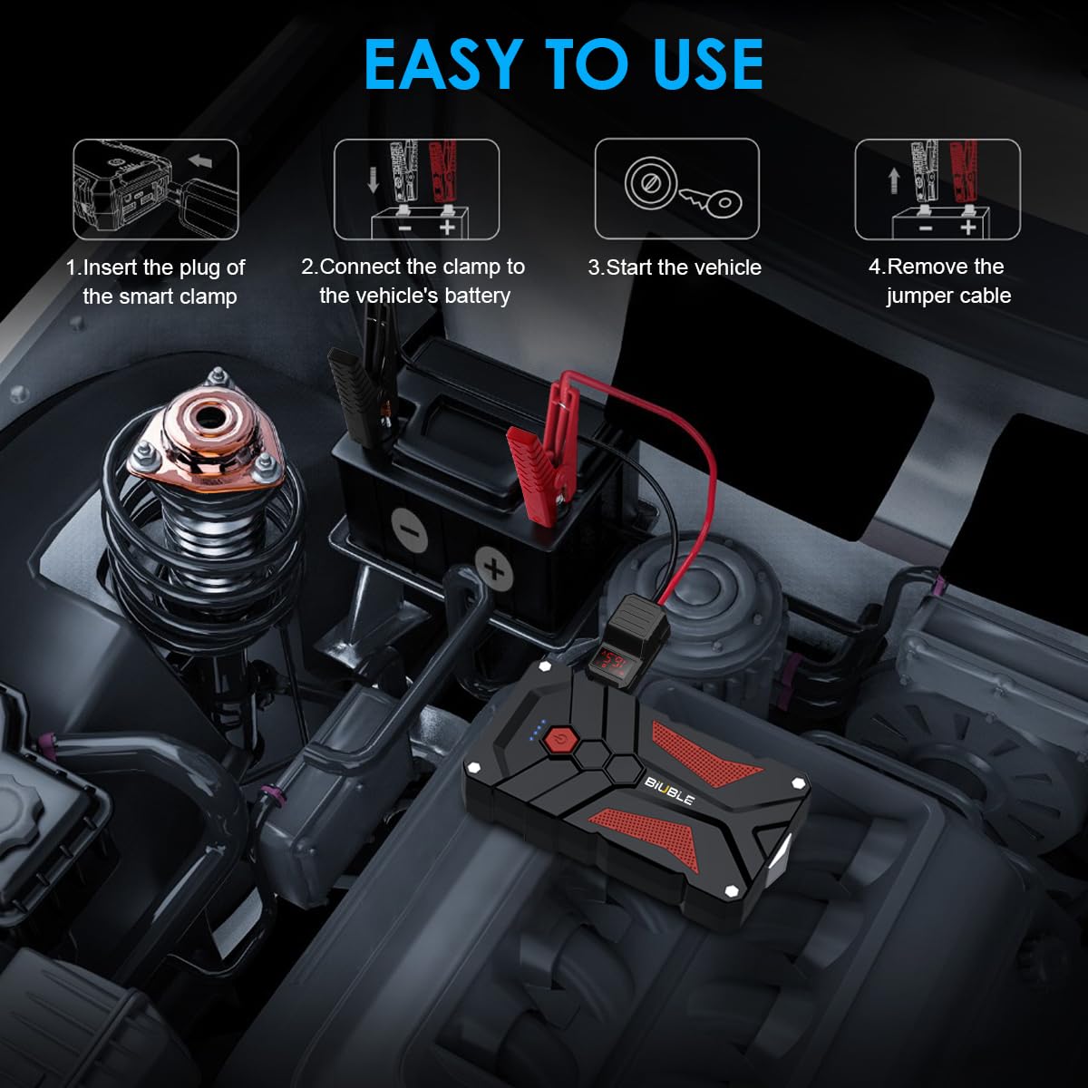 BIUBLE Jump Starter 5000A Car Battery Booster Jump Starter 12V Portable Power Pack (up to 7.0L Gas or 5.5L Diesel Engine), Car Starter Power Bank with LED Flashlight,Force Start