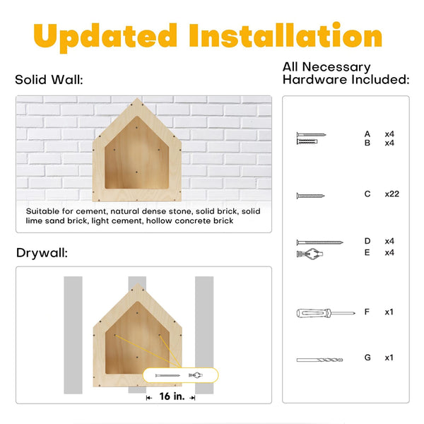 FUKUMARU Cat House Wall Mounted, 15.5x11.8x18 Inches Birch Plywood Condo, Multi-Use Kitten Furniture, Stylish Design, DIY Cats Wall Jungle