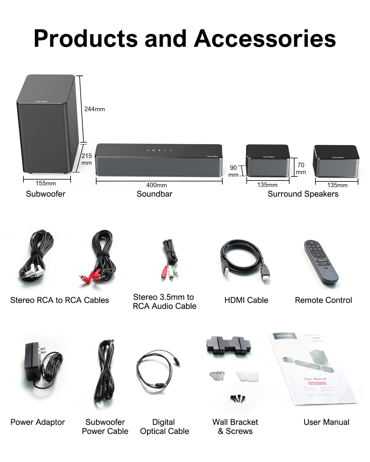 ULTIMEA 4.1ch Sound Bar for Smart TV with Subwoofer, App, Peak Power 200W, 2-in-1 Detachable Bluetooth 5.3 Soundbar, Bass Adjustable, 3 EQ Modes TV Sound Bar, ARC/Optical/Aux, Apollo S50 2025 Version