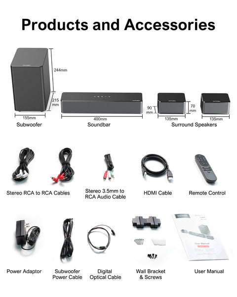ULTIMEA 5.1 Surround Sound System, Sound Bar for TV, 3D Soundbar Home Theatre System with Adjustable Wireless Subwoofer and Rear Speakers, Bluetooth TV Virtual Surround Sound Speakers, Poseidon D50
