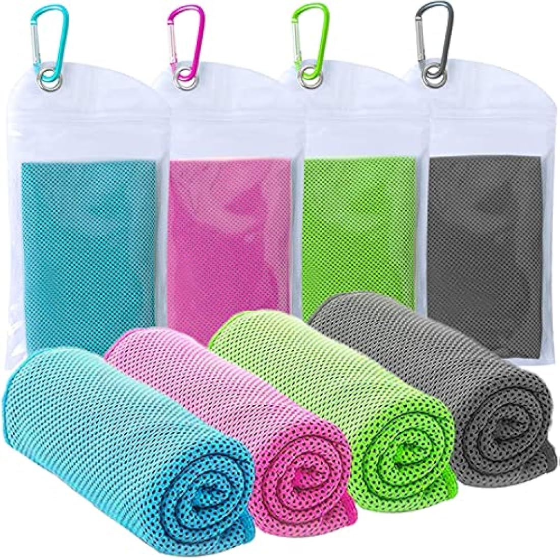 4 Packs Cooling Towel (40"x12") - Soft Breathable Microfiber Ice Towel for Yoga, Golf, Sport, Gym, Workout, Camping, Fitness, Outdoor Activities - Rose Red, Green, Lake Blue, Dark Gray