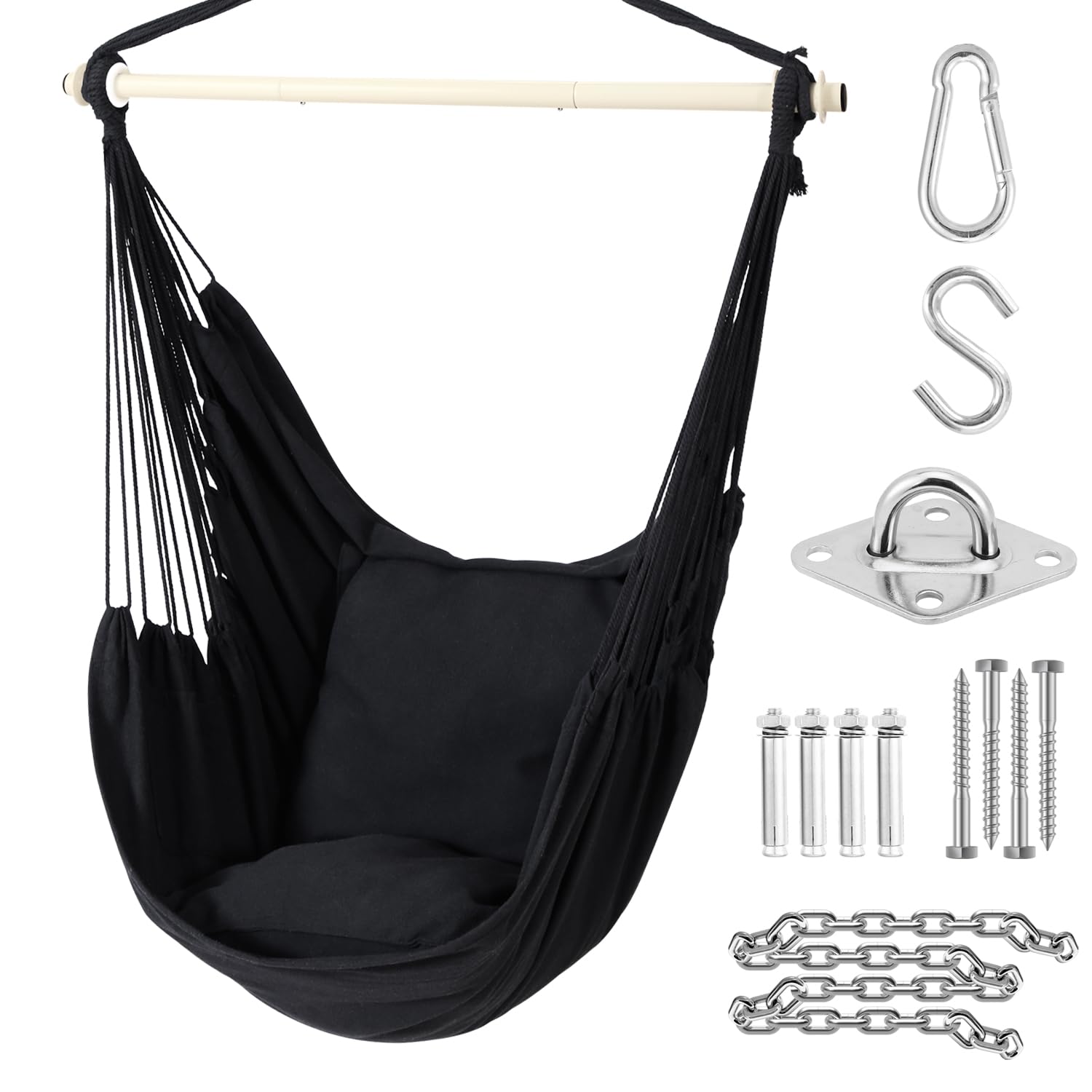 Ohuhu Hanging Chair Swing Chair with Hanging Kit, Extra Comfortable XL Portable Hammock Chair with 2 Cushions Metal Support Bar Side Pocket for Indoor