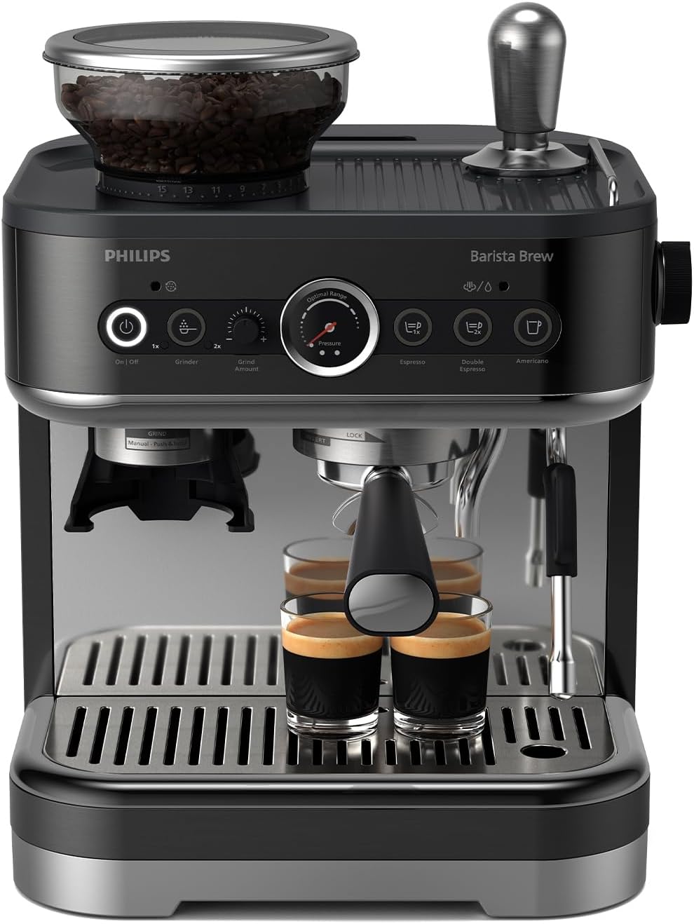 PHILIPS Barista Brew Semi Automatic Espresso Machine - Single & Double Espresso + Americano Button, 250g Bean Container, Intuitive Guidance, Calibrated Tamping, Metal Black (PSA3218/10)