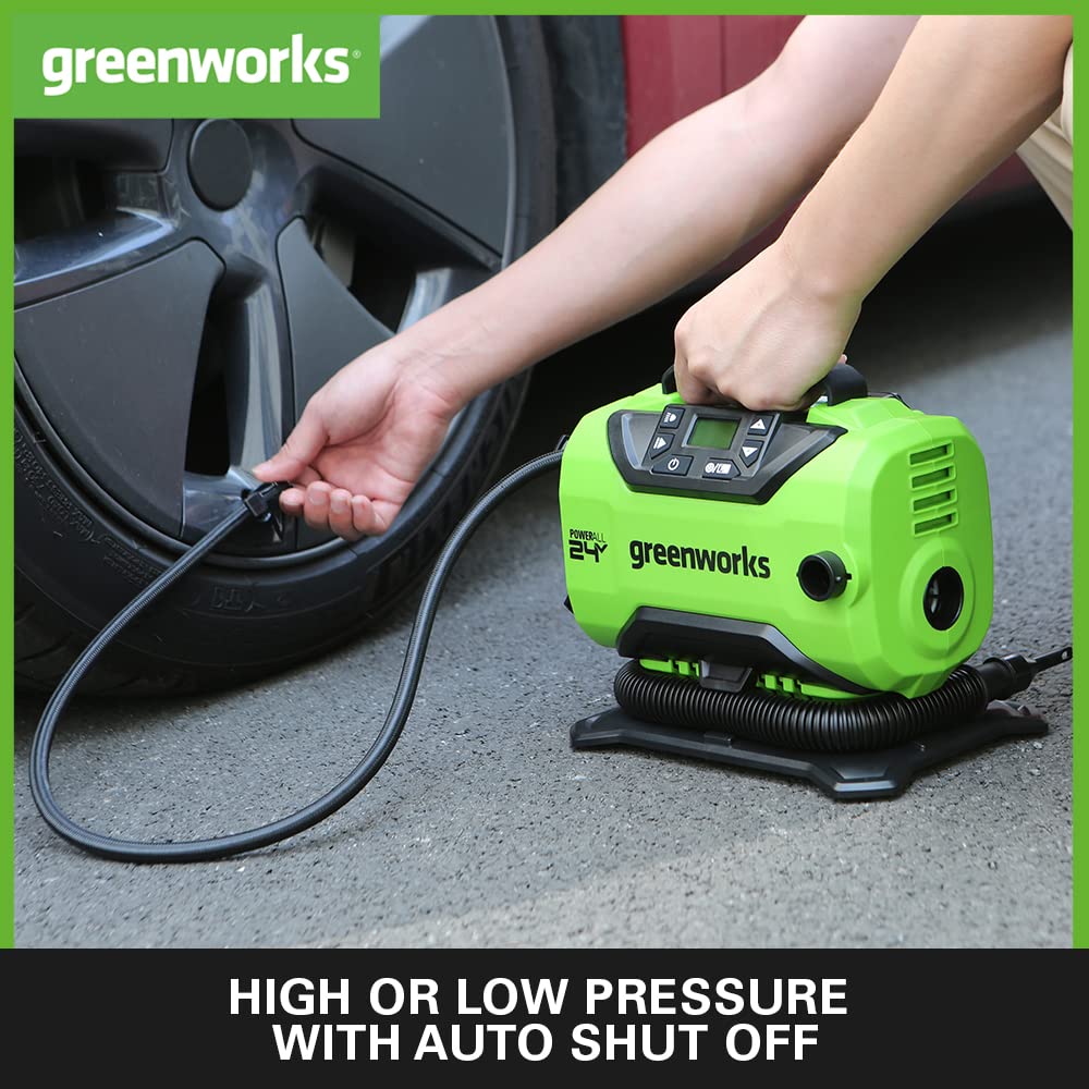 Greenworks G24IN Tyre Inflator Car Air Compressor Cordless Portable Air Pump, 11 Bar, 160 PSI Pressure Gauge, Auto Shut-Off WITHOUT 24V Battery & Charger, Green, Grey, Black