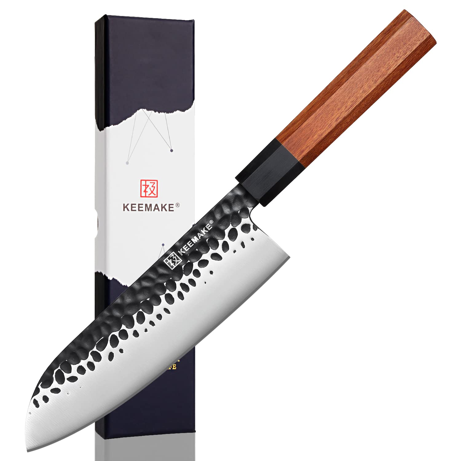 KEEMMAKE Santoku Knife - 7 inch Japanese Chef Knife with 440C Stainless Steel Blade, Natural Wood Handle Sharp Kitchen Knives