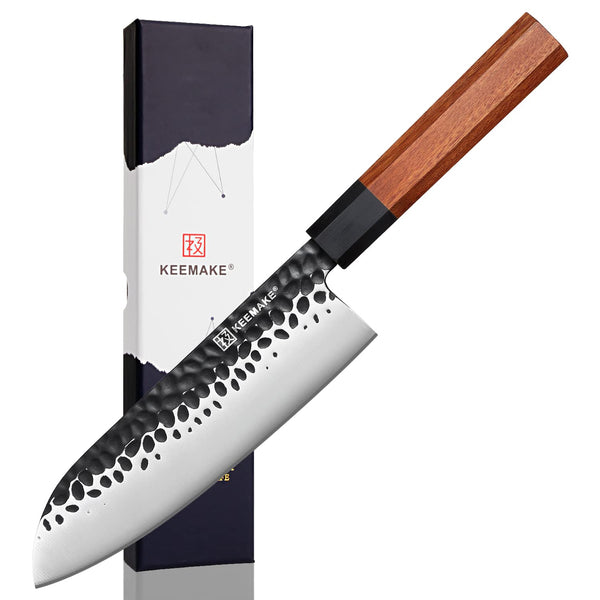 KEEMMAKE Santoku Knife - 7 inch Japanese Chef Knife with 440C Stainless Steel Blade, Natural Wood Handle Sharp Kitchen Knives