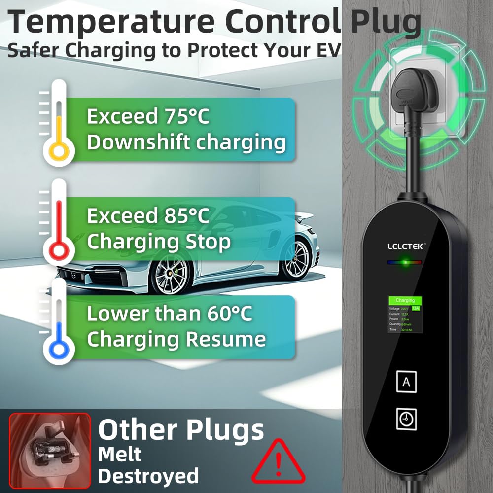 LCLCTEK® EV Charger Cable Type 2 to 3 Pin Plug, Portable UK 3 Pin EV Charger, Electric Car Charger [6/8/10/13A], EV Car Charger with LED Display, IP66 Waterproof, Type 2 Cable EVs and PHEV (8M)