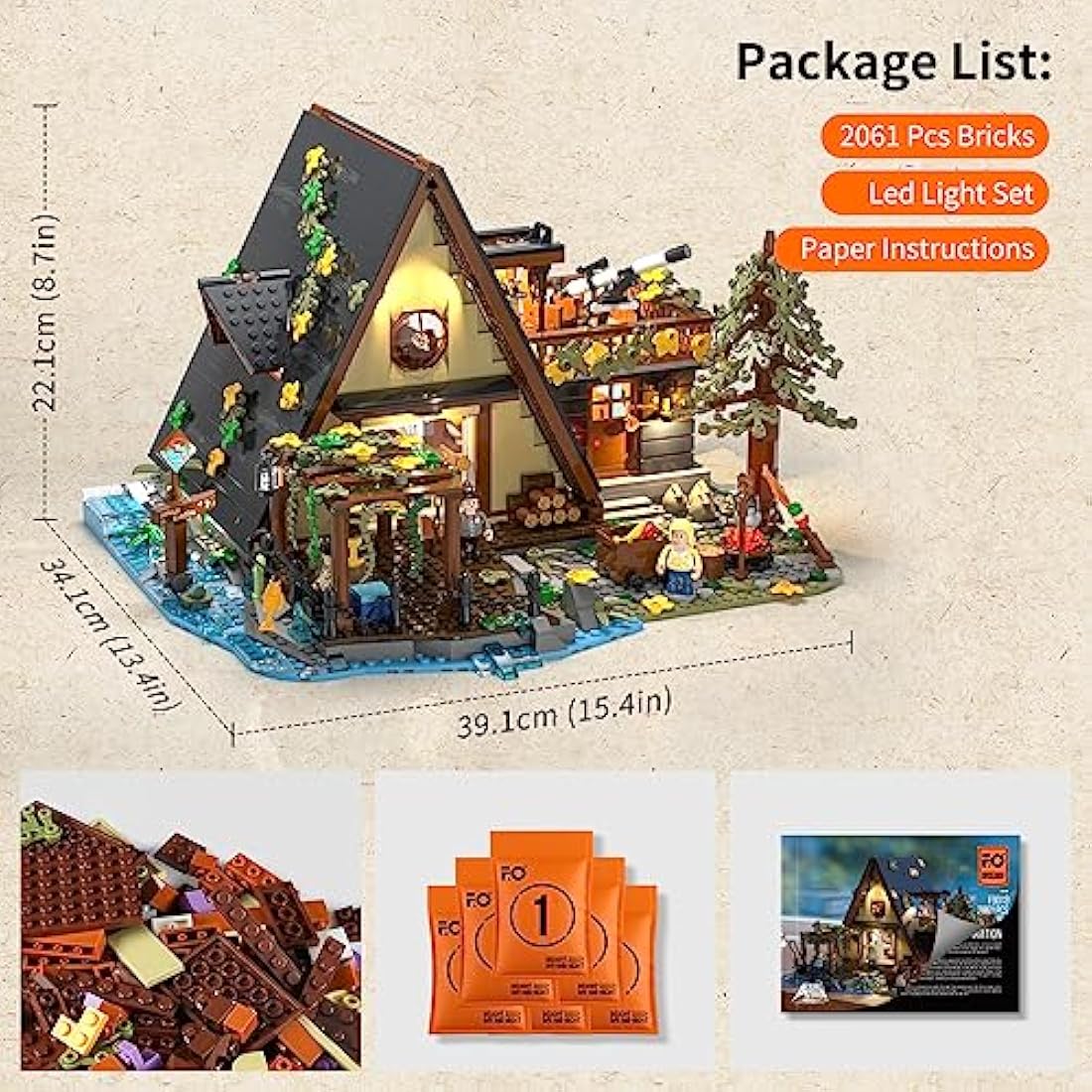FUNWHOLE A-Frame Cabin Lighting Building Bricks Set – 2061 PCS Creative Nature Retreat Construction Model with LED Light for Adults & Teens | Alpine Chalet Style, Camping & Story Details