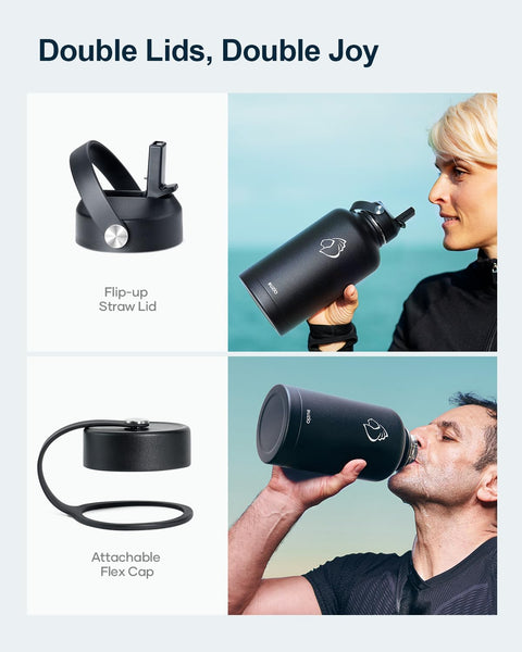 Stainless Steel Water Bottle 2L, BUZIO Vacuum Insulated Water Bottle with Straw Lid and Flex Cap Cold for 48 Hrs, Hot for 24 Hrs Double Wall Wide Mouth BPA Free Leak Proof, Black