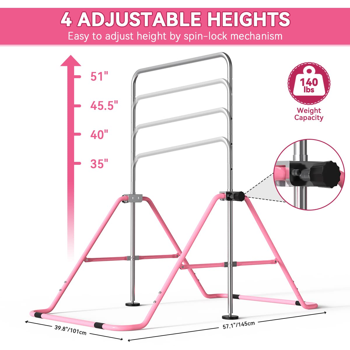 FBSPORT Gymnastics Bar, Folding Horizontal Bar Gymnastics Equipment for Kids Home Training, Expandable Gymnastics Training Bar Junior with Adjustable Height for Girls Boys