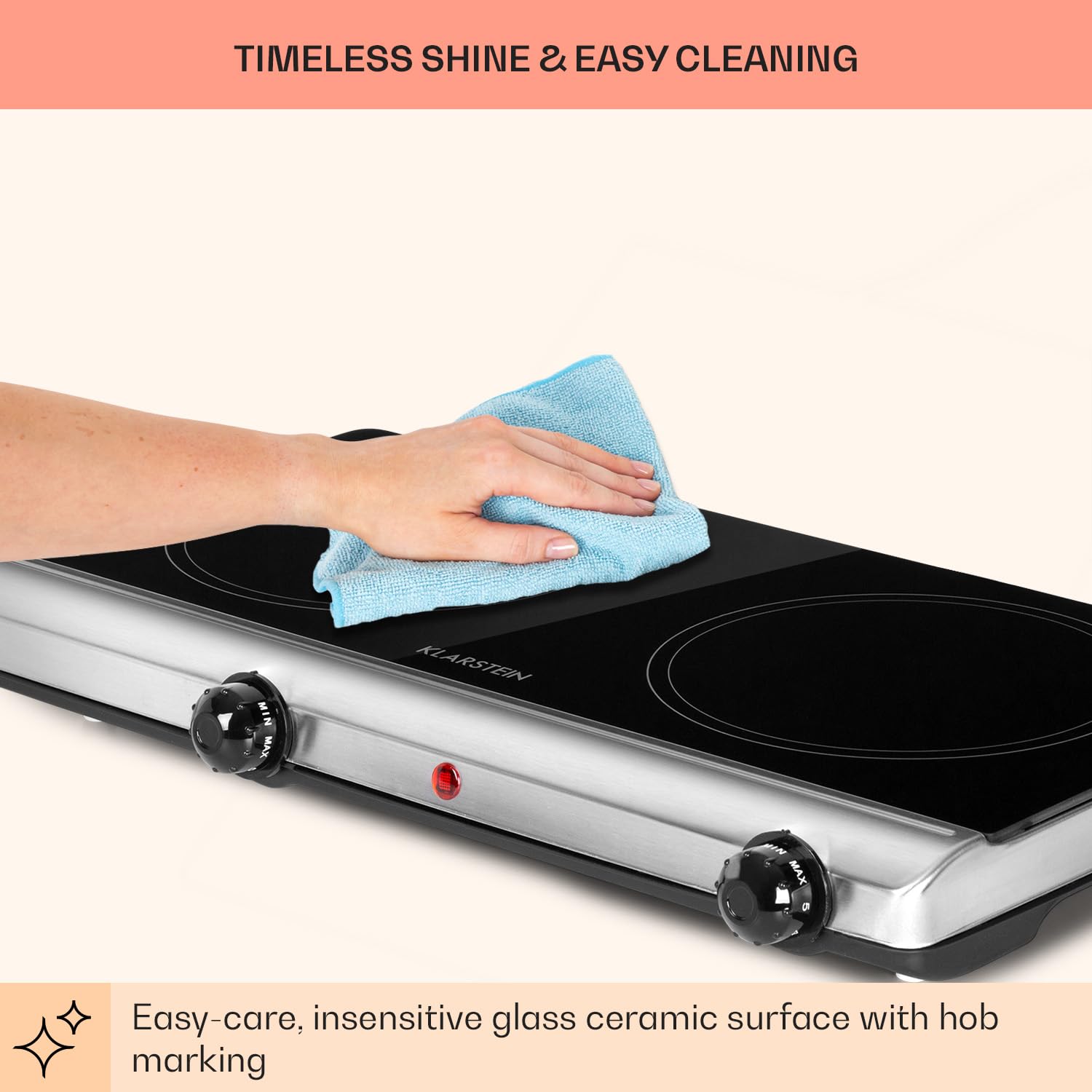 Klarstein Ceramic Hob, 2400W Electric Hob Ceramic Cooker, 2 Ring Electric Pan Hob, Built-In Table Top Cookers w/ 2 Hobs, Stainless Steel Ceramic Heater Cooktops, Electric Hot Plates for Cooking