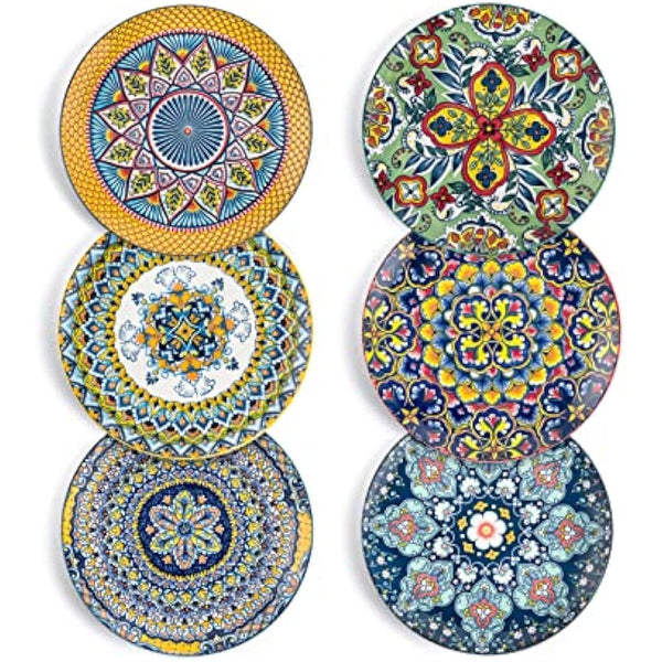 HENXFEN LEAD Salad Plate Porcelain, 21 cm Colourful Dessert Plates Ceramic Breakfast Plates, 6 Pieces Small Round Plate Set with Pattern and Colourful - Bohemian Style
