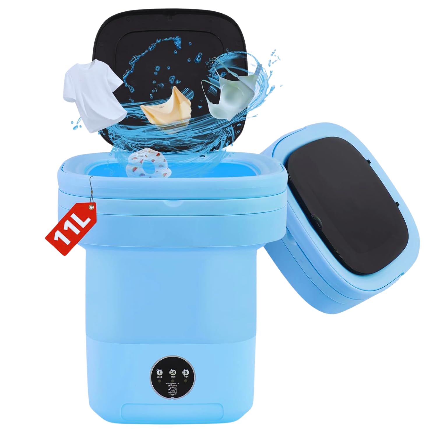 Portable Washing Machine, 11L Foldable Washer & Spin Dryer with Laundry Bag & Drying Net & Microfiber Cloths, Laundry Machine with 3 Cleaning Modes for Baby Clothes and Underwear (Blue)