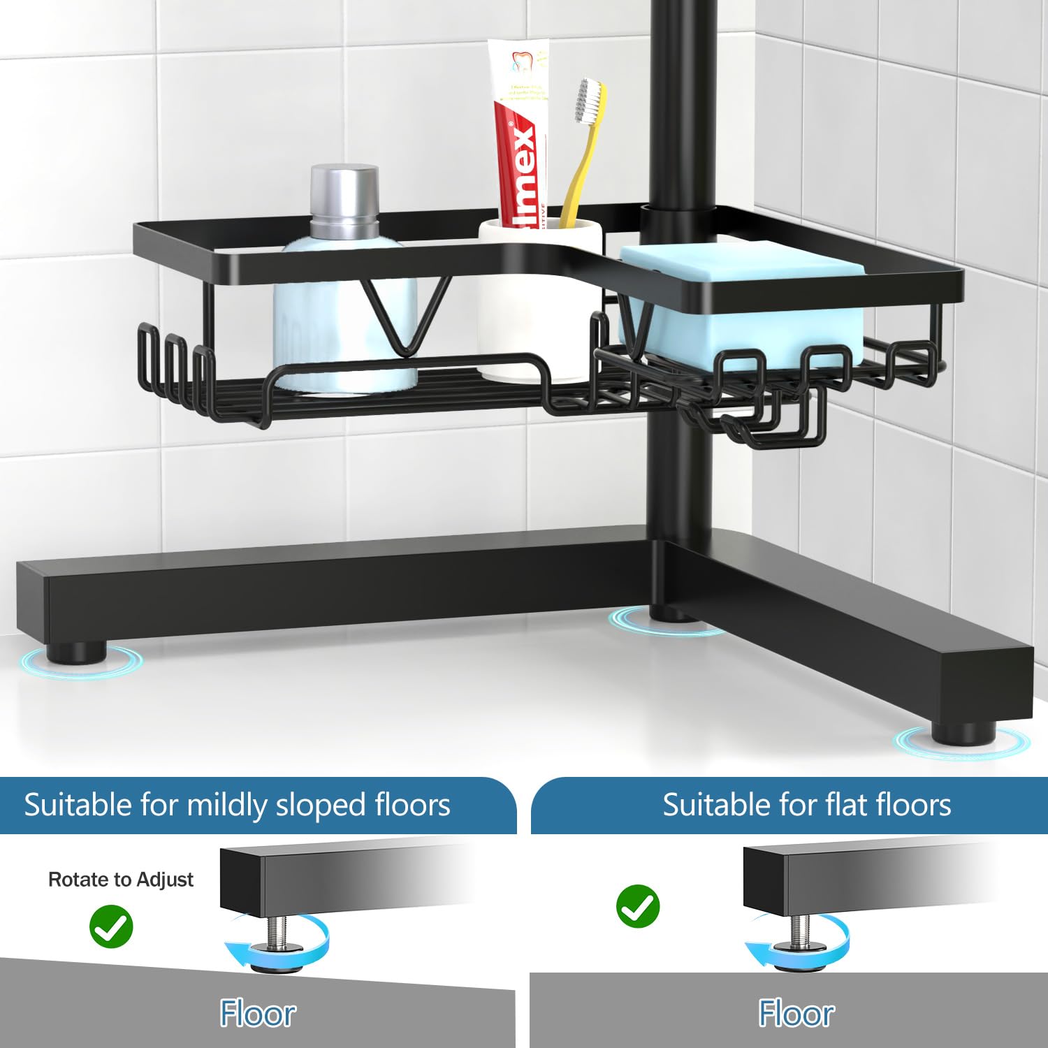 Kegii Telescopic Shower Caddy Corner - Stainless Steel Shower Shelf No Drilling Bathroom Caddy with Soap Holder and Hooks(White), On The Bath or Stand Up Shower