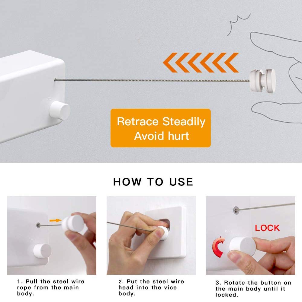 JOOM Retractable Clothesline Indoor Outdoor Clothing Rope washing line Heavy Duty Stainless Steel Line Wall Mounted Laundry line for Bathroom Hotel