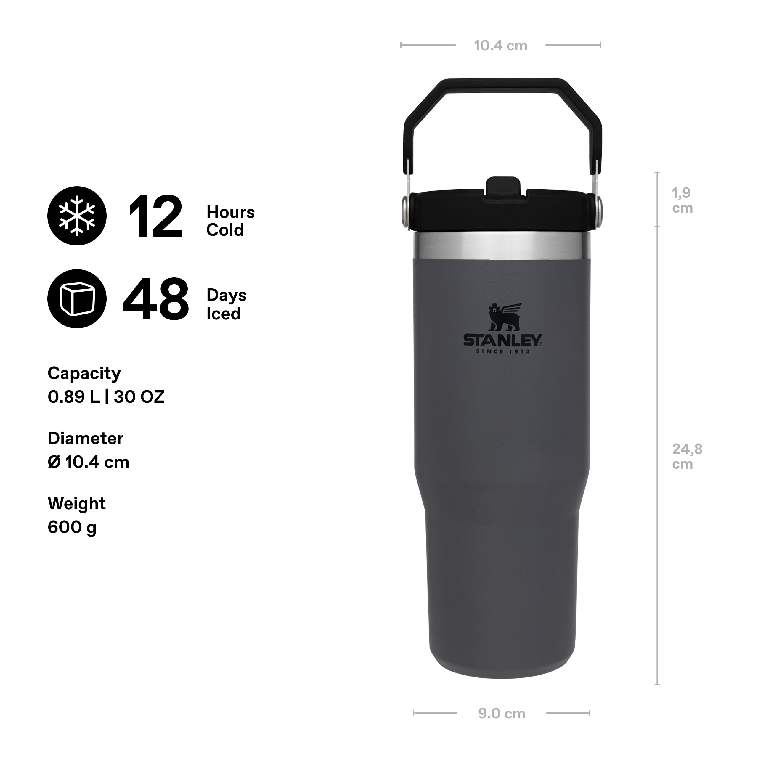 Stanley Flip Straw Tumbler 1.0 Water Bottle With Straw 0.89L - Keeps Cold For 12+ Hours - Easy To Carry - Dishwasher Safe - Stainless Steel Thermal Flask - BPA-Free Travel Mug - Navy