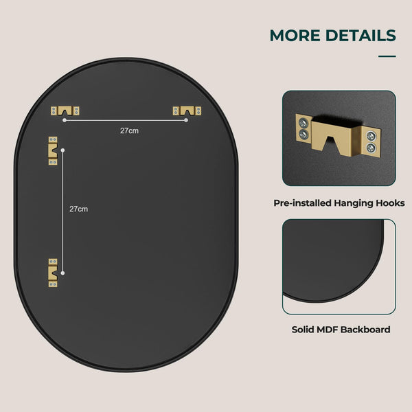 Dripex 50 x 70cm Oval Mirror, Wall Mounted Bathroom Mirror, Horizontal or Vertical Hanging Wall Mirror for Living Room, Bedroom, Entryway, Black