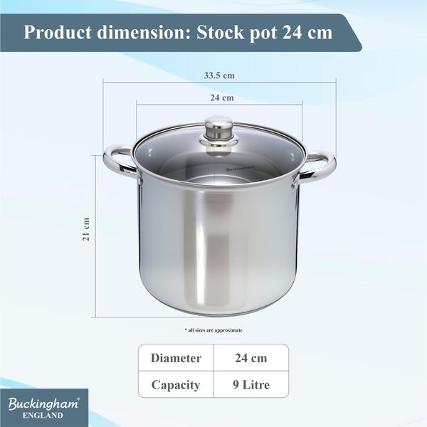 Buckingham Stainless Steel Stock Pot with lid Multipurpose Large Cooking Pot for Soups Stews (11 Litre)