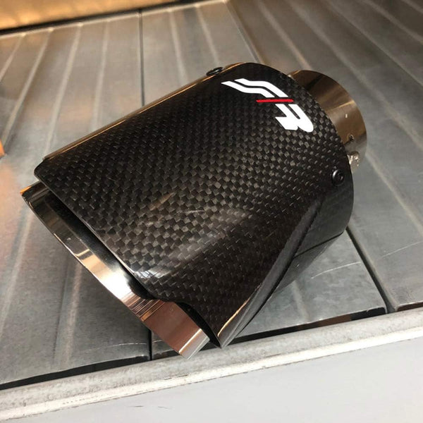 Simoni Racing Exhaust trim Round/Slanted Shiny-Carbon+Inox - Ø102xL155mm - Installation 63mm