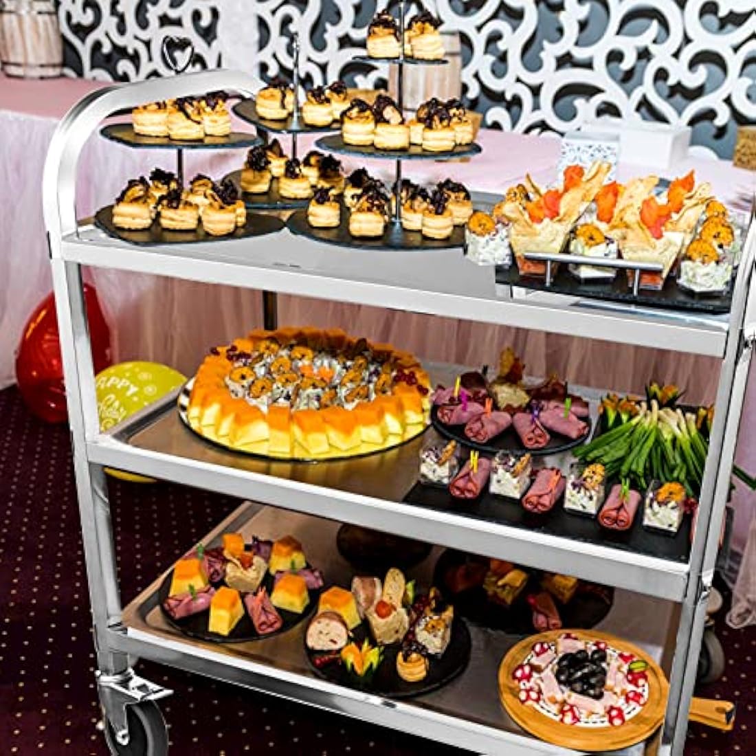 HLC 3 Tier Stainless Steel Serving Catering Trolley Wheels Utility Cart Kitchen Cart Serving Trolley with Locking Wheels for Kitchen Hotels - 750x400x835MM