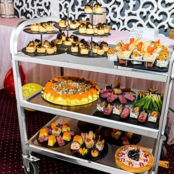 HLC 3 Tier Stainless Steel Serving Catering Trolley Wheels Utility Cart Kitchen Cart Serving Trolley with Locking Wheels for Kitchen Hotels - 750x400x835MM