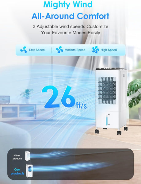 Portable Air Conditioner, 【2025 Newest 3-in-1 Evaporative Air Cooler】 with 3 Speeds, 26ft Cooling Range, 60° Auto Swing, 6L Water Tank & 3 Ice Packs, 35dB Quiet, 60W, for Home, Office, Bedroom