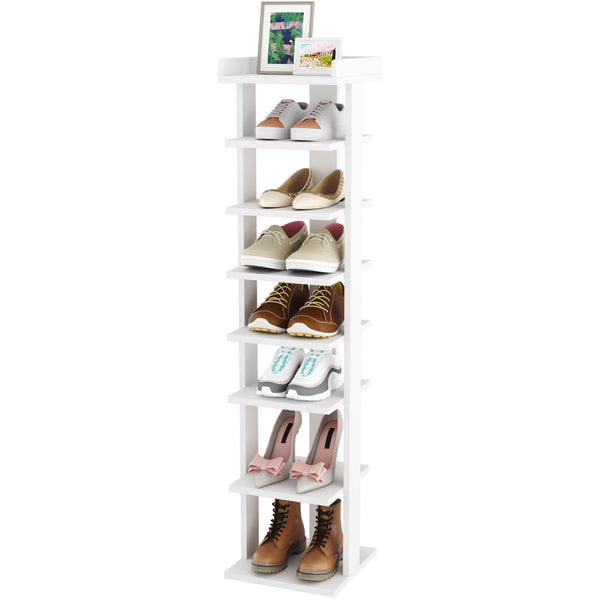 HOME BI 7 Tier Narrow Shoe Rack, Corner Shoe Tower,Slim Shoe Organizer,Wooden Shoe Storage Stand for Entryway, Hallway, Closet, White