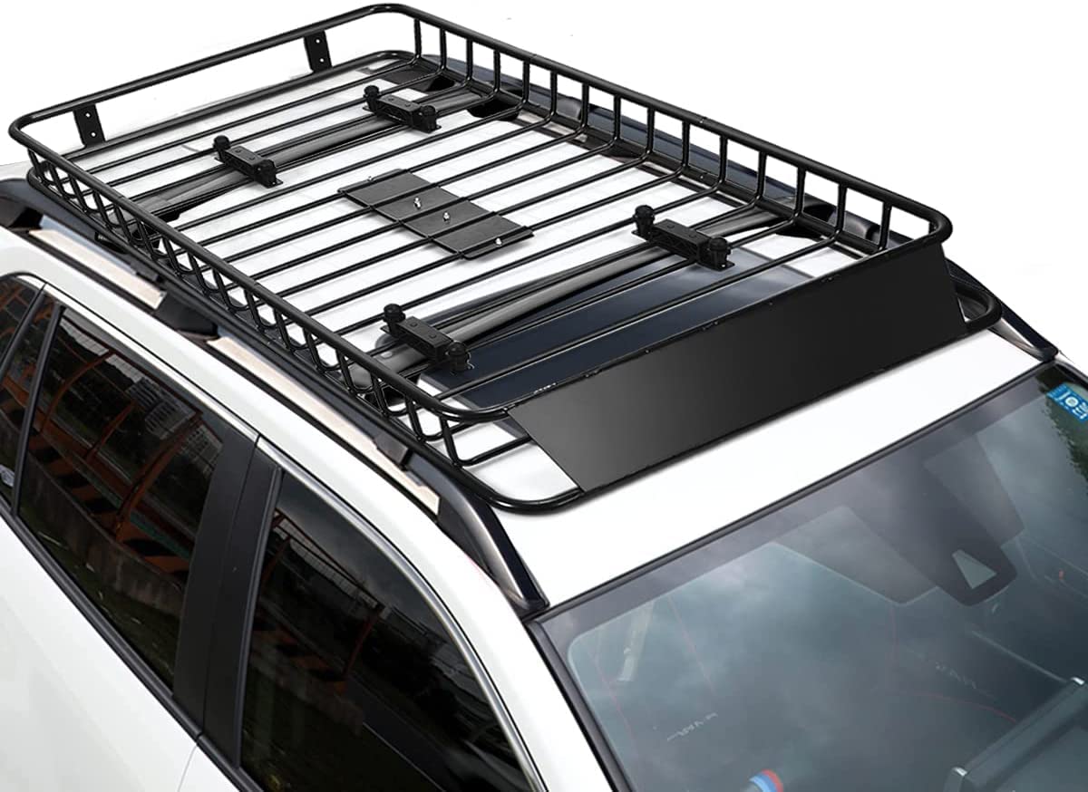 Roof Rack Basket Tray, Steel Luggage Cargo Carrier with Bars & Wind Fairing, Rooftop Luggage Holder for Car SUV Truck Jeep (116-162x99x15cm, 113kg Capacity)