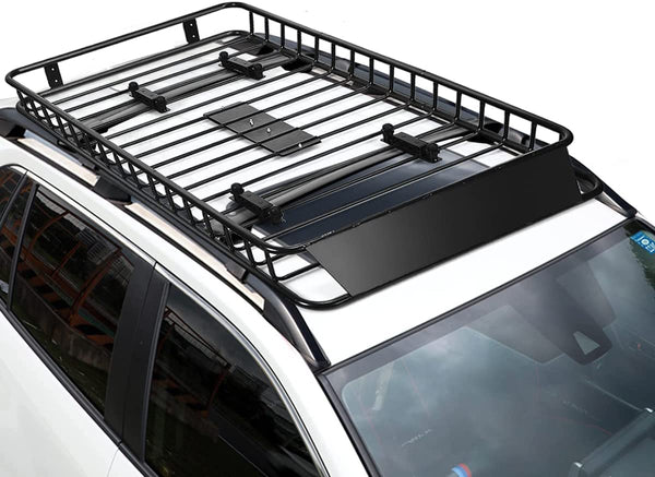 Roof Rack Basket Tray, Steel Luggage Cargo Carrier with Bars & Wind Fairing, Rooftop Luggage Holder for Car SUV Truck Jeep (116-162x99x15cm, 113kg Capacity)