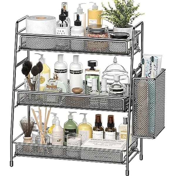 EKNITEY Bathroom Countertop Organiser Shelf - 3 Tier Counter Spice Rack Metal Makeup Rack Small Coffee Station Organizer for Sink/Bedroom/Living room/Kitchen/Office Balck